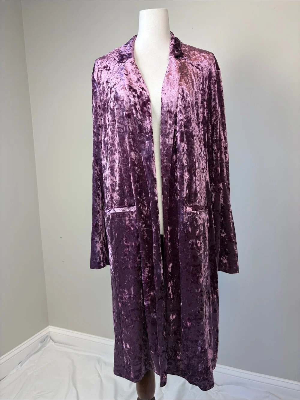 Pink Purple Crushed Velvet Duster Cardigan Jacket XL Romantic Long Line Artsy